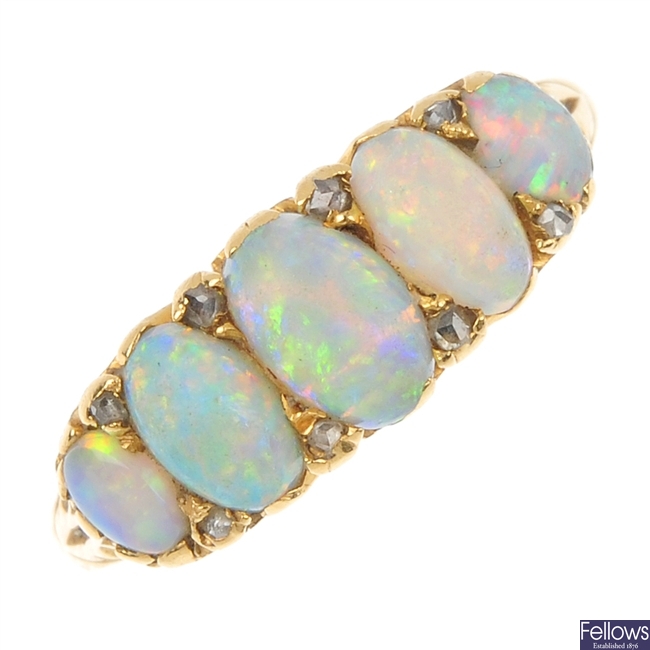 An early 20th century 18ct gold opal and diamond five-stone ring.
