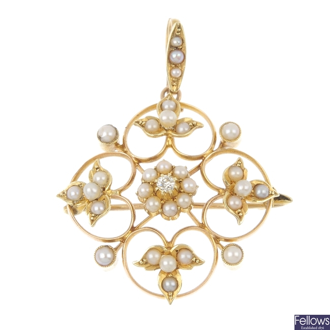 An early 20th century 15ct gold gem-set pendant.