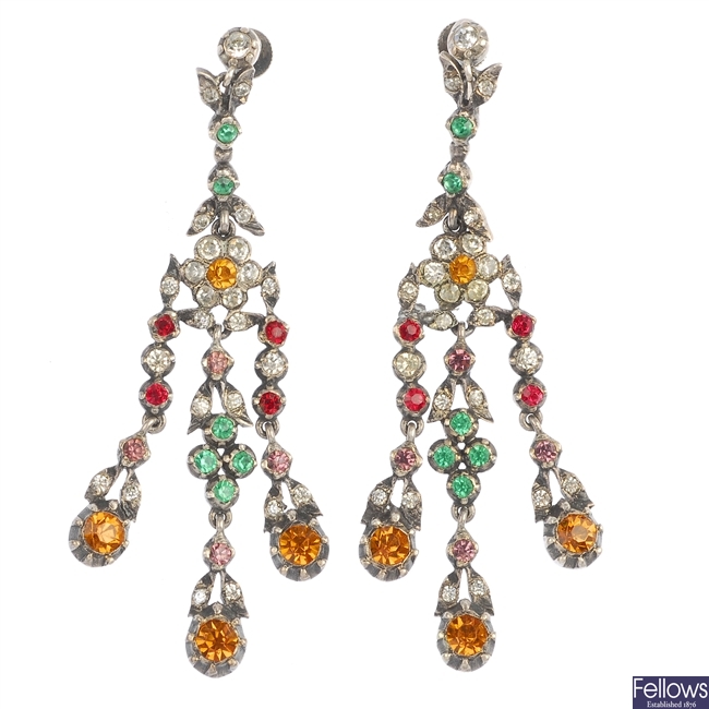 A pair of mid 20th century paste floral ear pendants.