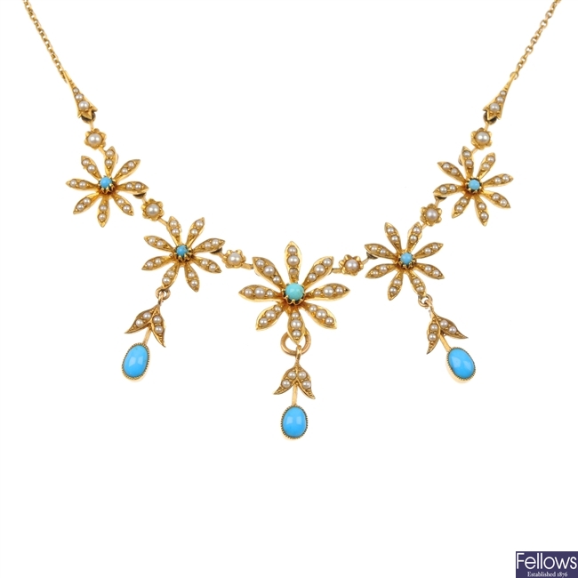 An early 20th century 15ct gold turquoise and split pearl floral necklace.
