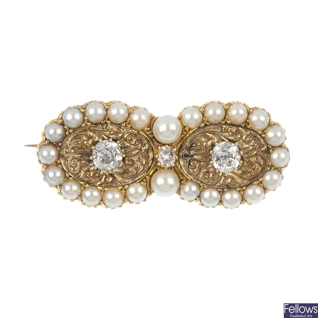 An Edwardian gold diamond and split pearl brooch.