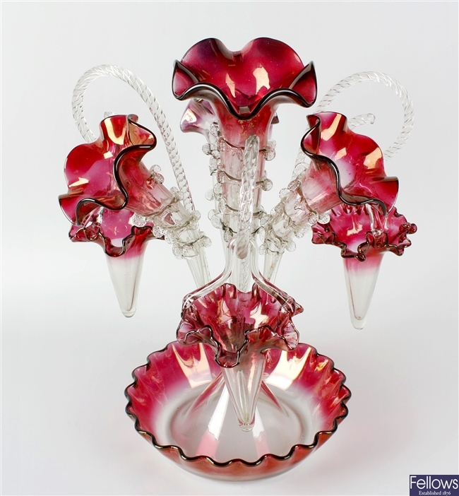 A ruby and clear glass epergne