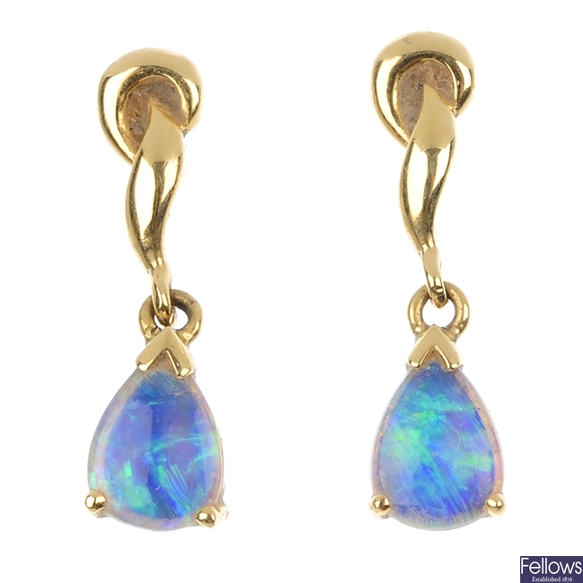 A pair of 18ct gold opal ear pendants.