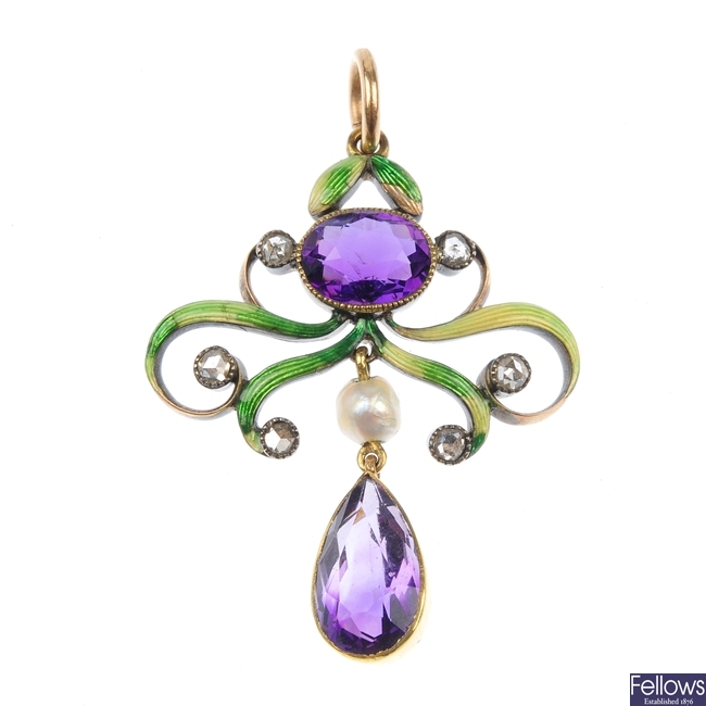 An early 20th century amethyst and enamel pendant.