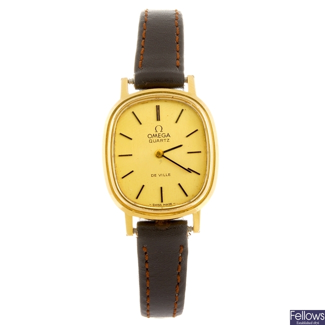 A gold plated quartz lady's Omega De Ville wrist watch.