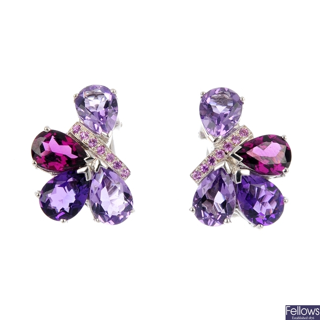 A pair of 18ct gold amethyst, garnet and sapphire ear studs.