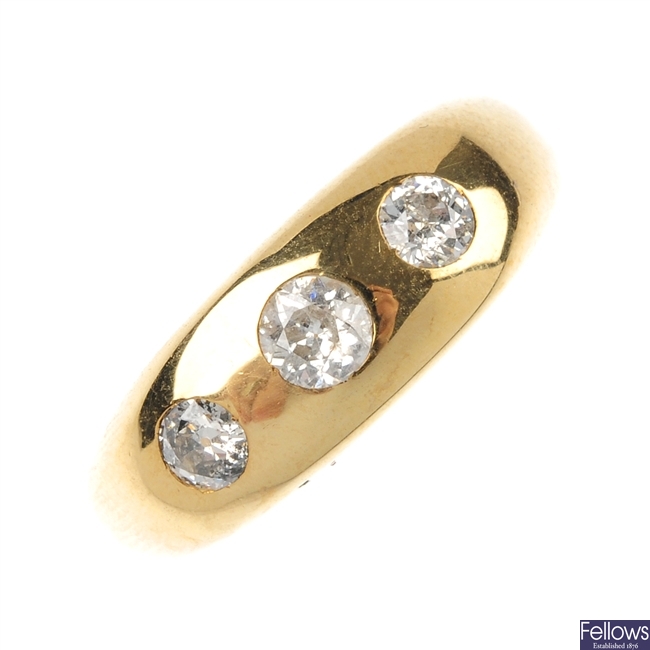 A late 19th century 18ct gold diamond three-stone ring.