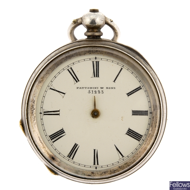 A continental white metal key wind open face pocket watch by Fattorini & Sons.