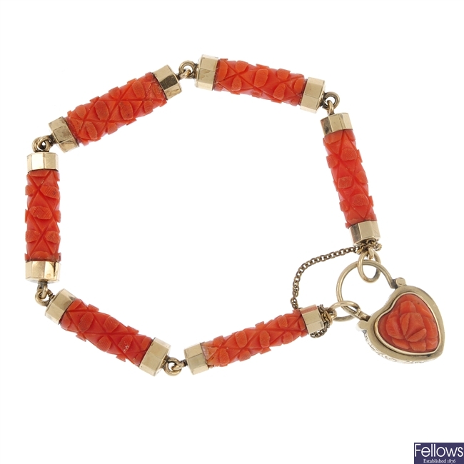 A late 19th century gold carved coral bracelet.