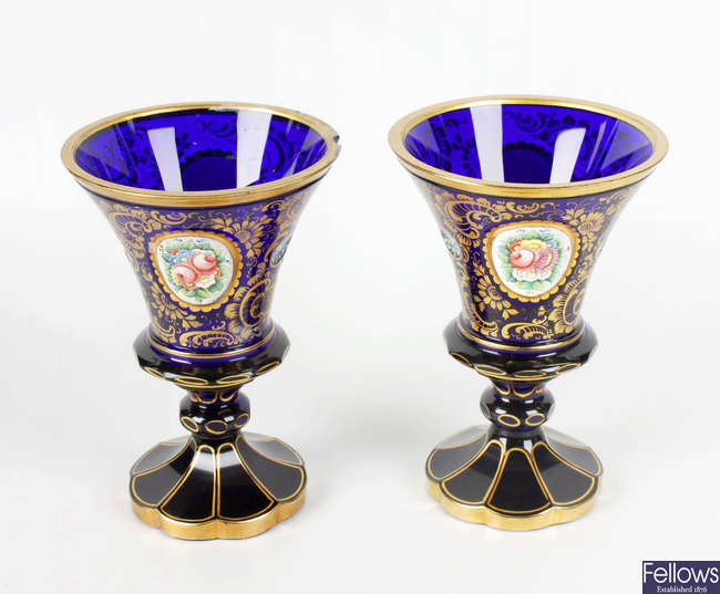A pair of late 19th century 'Bristol' blue glass vases