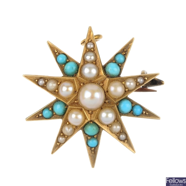 An early 20th century 15ct gold turquoise and split pearl star brooch.