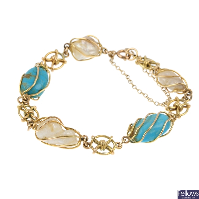 An early 20th century gold freshwater cultured pearl and turquoise bracelet. 