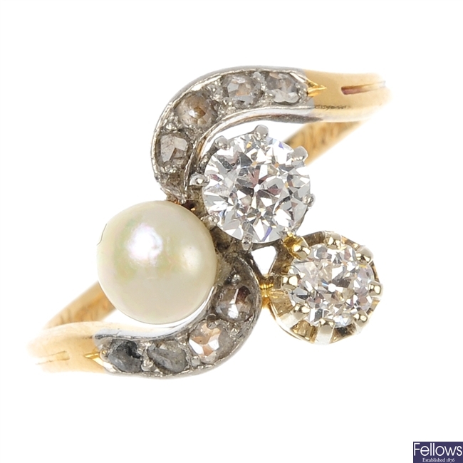An early 20th century continental 18ct gold and platinum diamond and pearl dress ring.