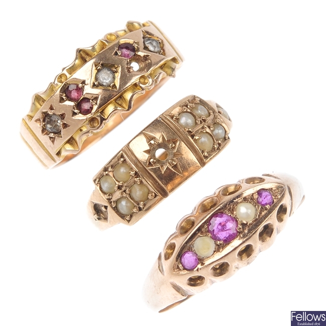 Three late 19th to early 20th century 9ct gold gem-set rings.