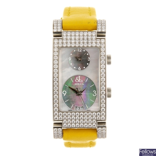 A stainless steel quartz lady's Jacob & Co Two Time Zone Angel wrist watch.