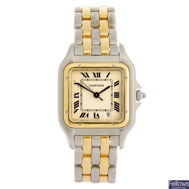 (134180940) A bi-metal quartz Cartier Santos bracelet watch.