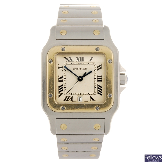 (303099842) A bi-metal quartz Cartier Santos bracelet watch.