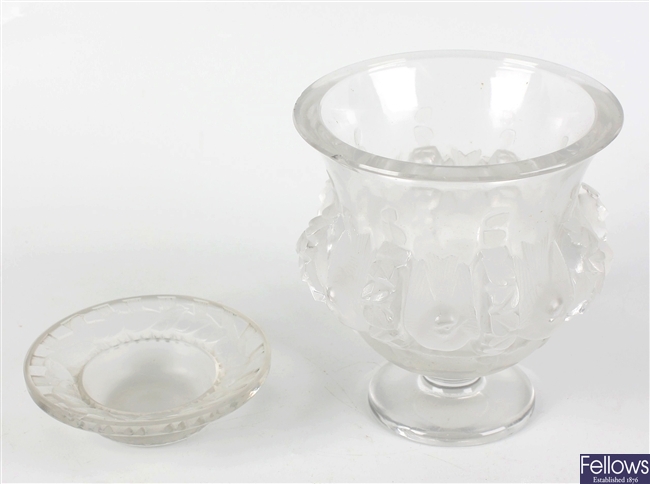 A Lalique 'Dampierre' pattern glass vase and similar pin tray