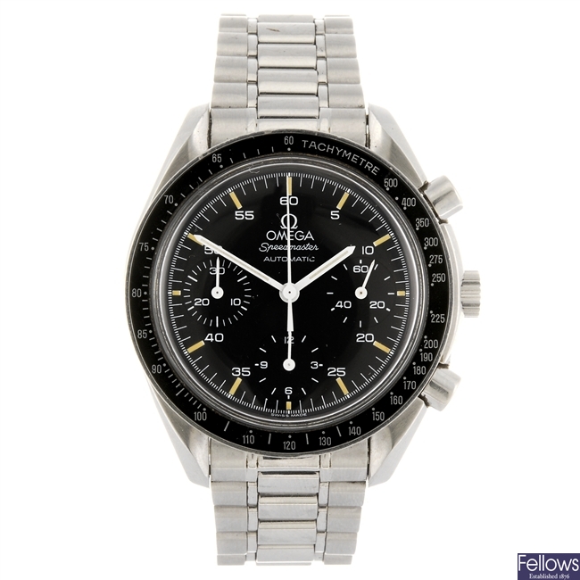 A stainless steel Omega Speedmaster automatic chronograph watch.