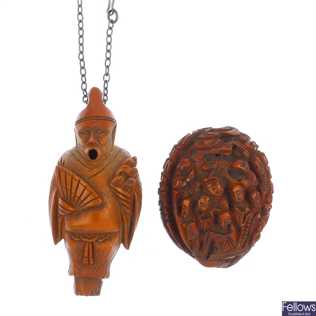 A selection of three items of carved nut jewellery.