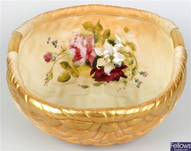 A Royal Worcester bone china bowl modelled as a wicker basket