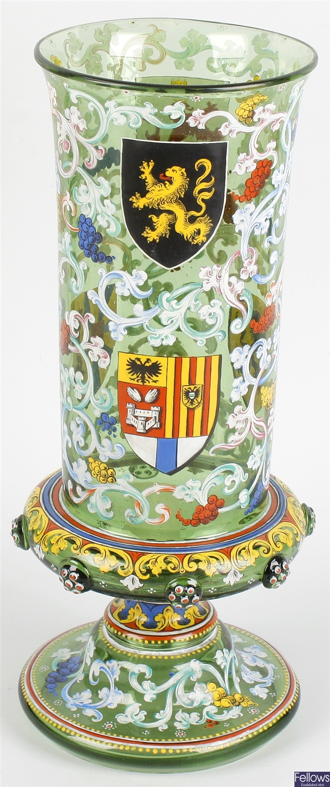 A large 19th century German green glass and enamel vase