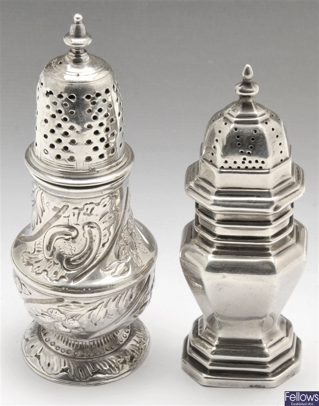 A George II small silver caster & a further later caster.