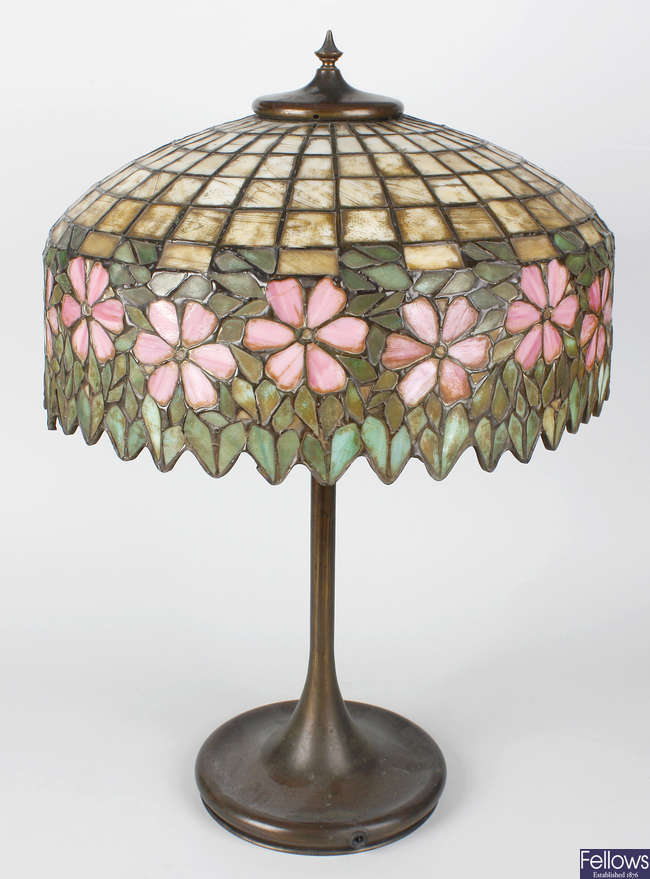 A good early 20th century Tiffany-style glass and brass table lamp