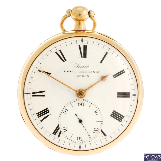 An 18ct gold key wind open face pocket watch signed French.