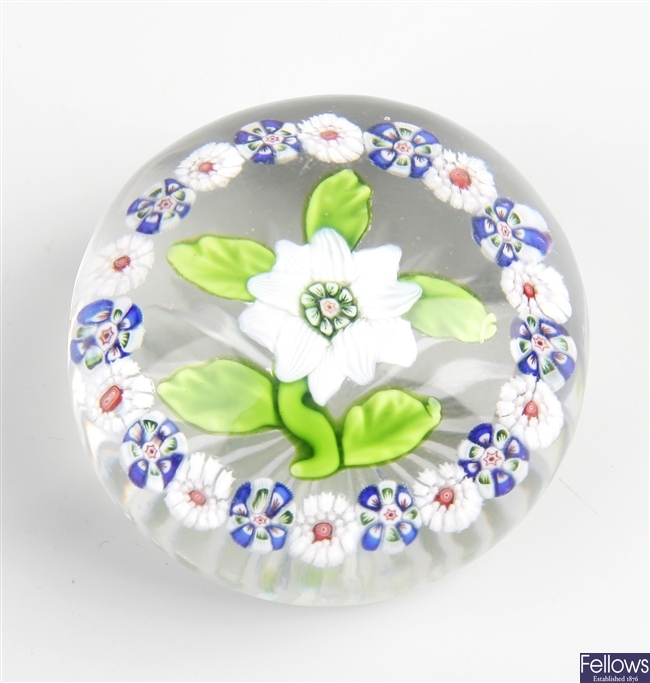 A Baccarat white double-clematis paperweight