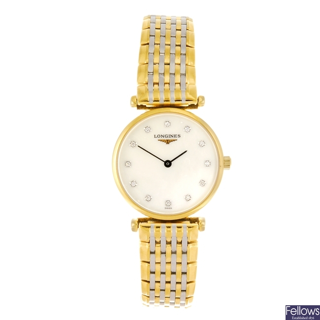 (74257) A bi-colour quartz lady's Longines La Grande Classique bracelet watch.