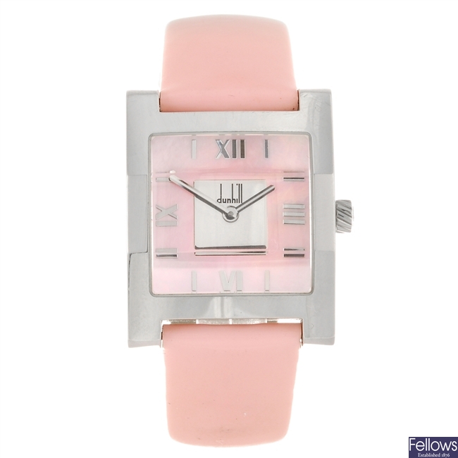 (128994) A stainless steel quartz lady's Dunhill Facet Square wrist watch.
