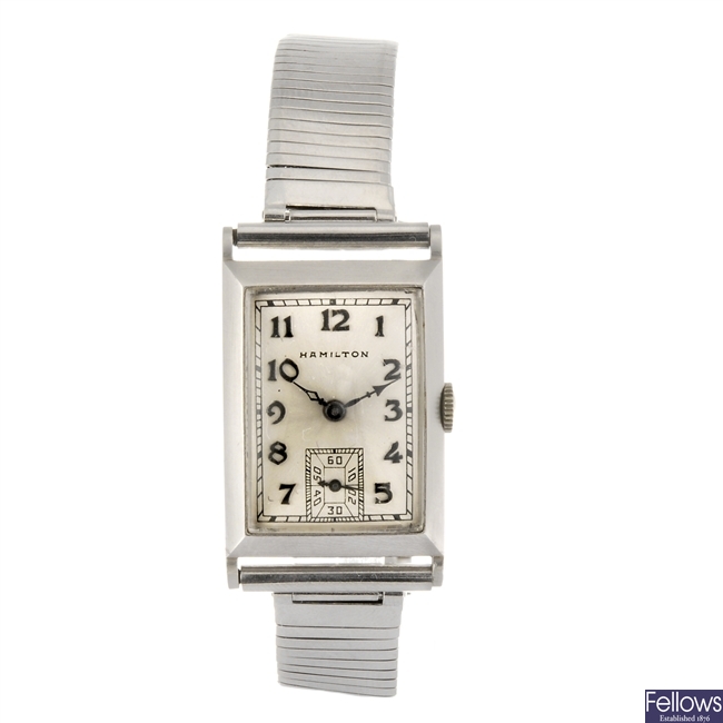 (133256) A platinum manual wind Hamilton bracelet watch.