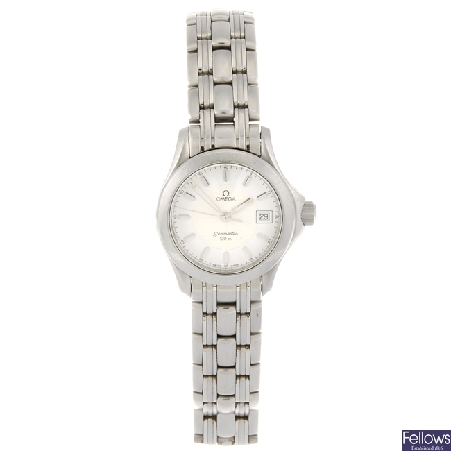 A stainless steel quartz lady's Omega Seamaster bracelet watch.