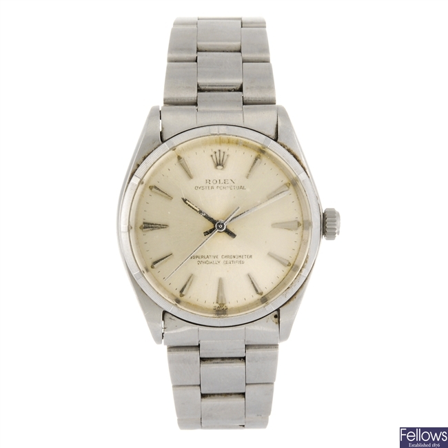 A stainless steel automatic gentleman's Rolex Oyster bracelet watch.