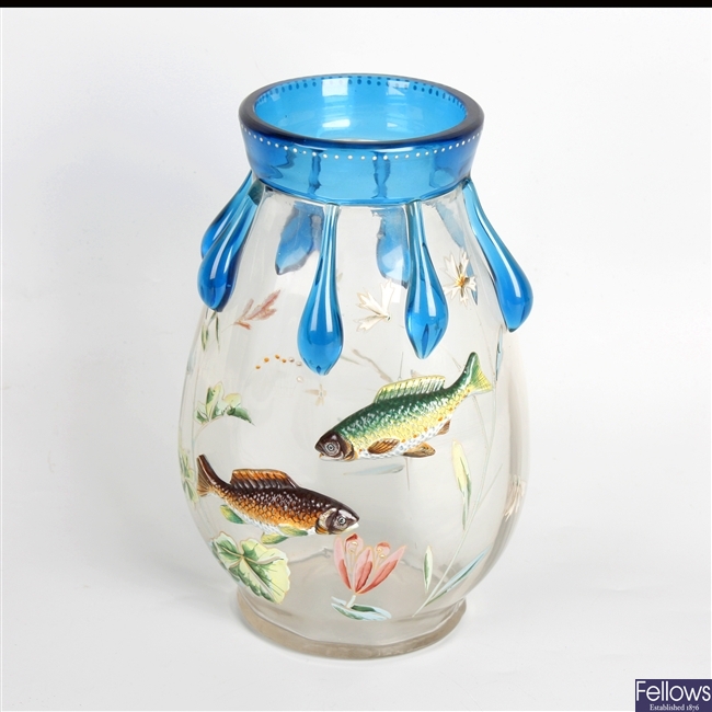 An unusual overlaid and enamelled glass vase, in the manner of Moser