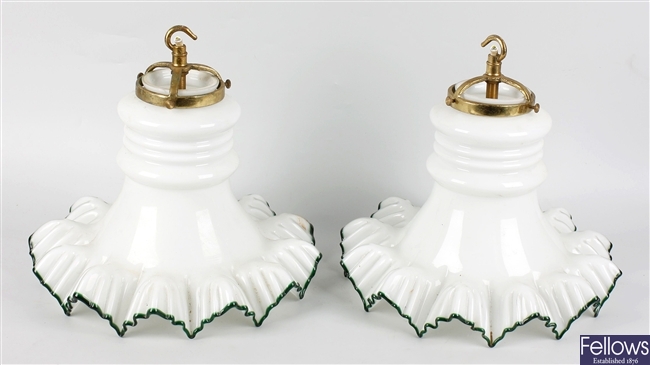 Three overlay (white on clear) frilled glass lampshades
