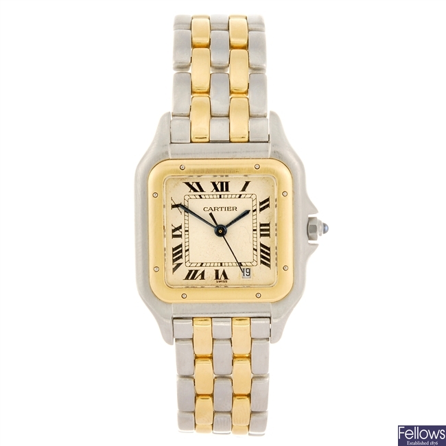 (940002665) A bi-metal quartz Cartier Panthere bracelet watch.