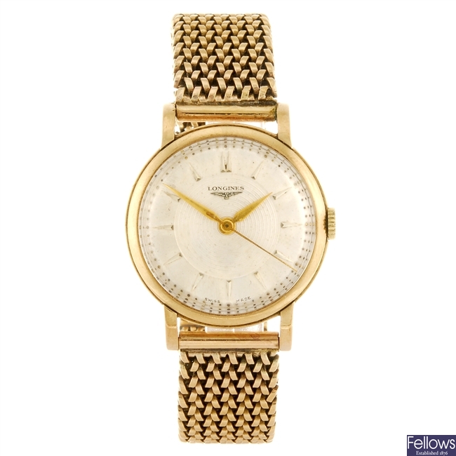 (409025276) A 9ct gold manual wind gentleman's Longines bracelet watch.