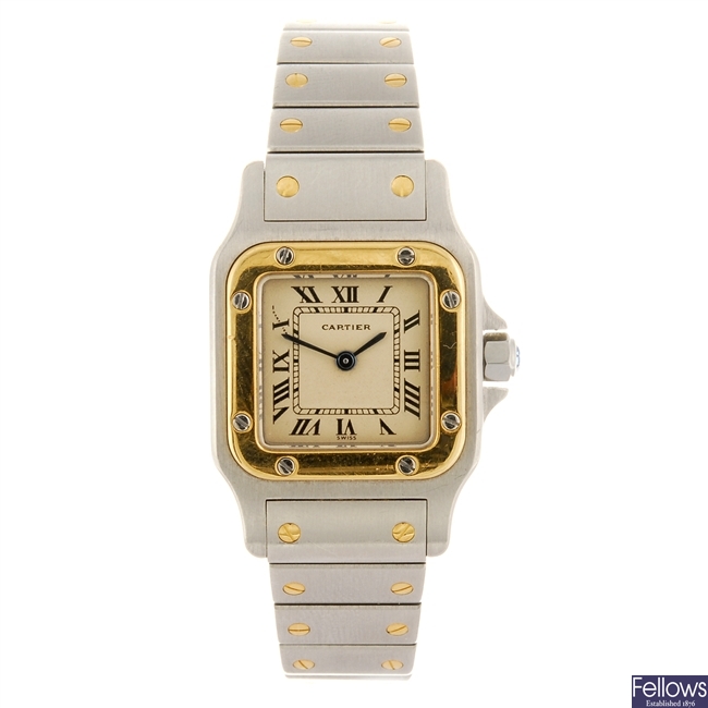 (134181781) A bi-metal quartz Cartier Santos bracelet watch.