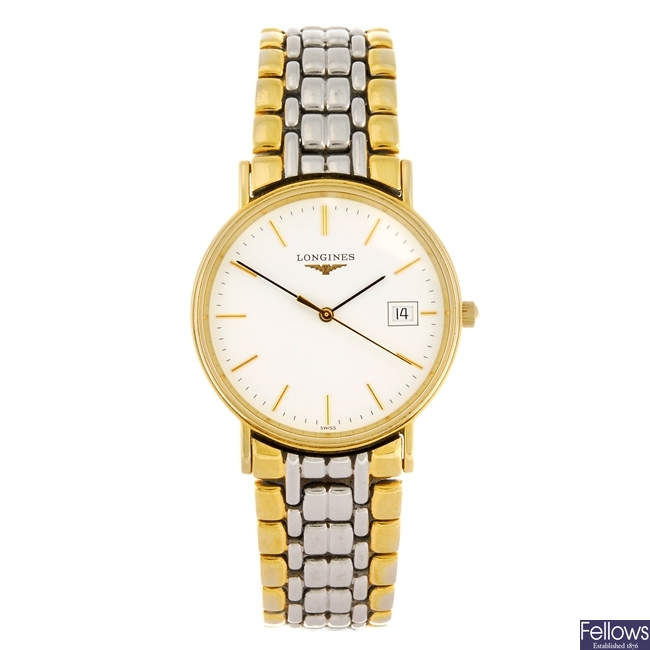 (44626) A bi-colour quartz gentleman's Longines bracelet watch.