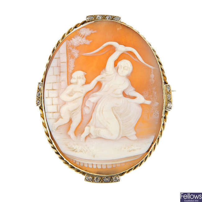 A late 19th century gold, diamond and cameo brooch.