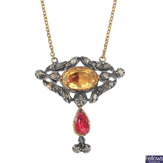 A mid 19th century silver and gold diamond and quartz pendant, with later addition chain. 