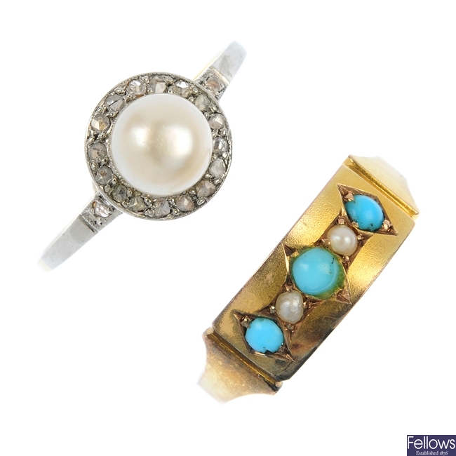 A late Victorian 9ct gold turquoise and split pearl ring and a cultured pearl and diamond ring.