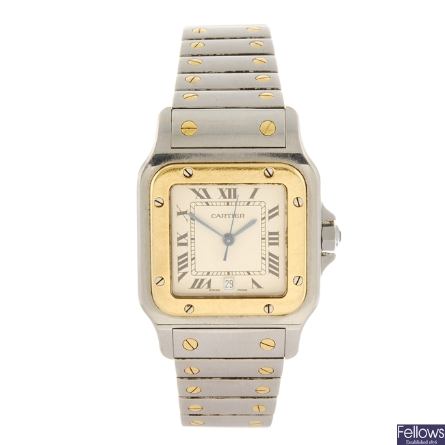 (951001285) A bi-metal quartz Cartier Santos bracelet watch.