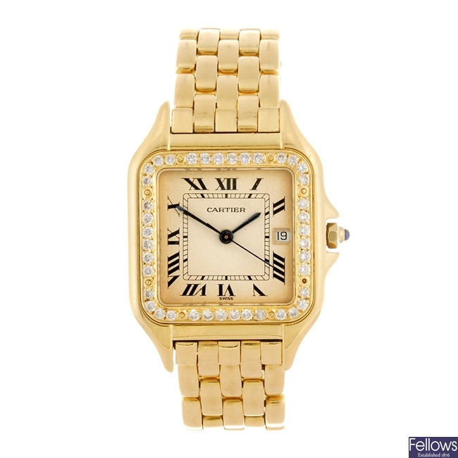 (951001295) An 18k gold quartz Cartier Panthere bracelet watch.