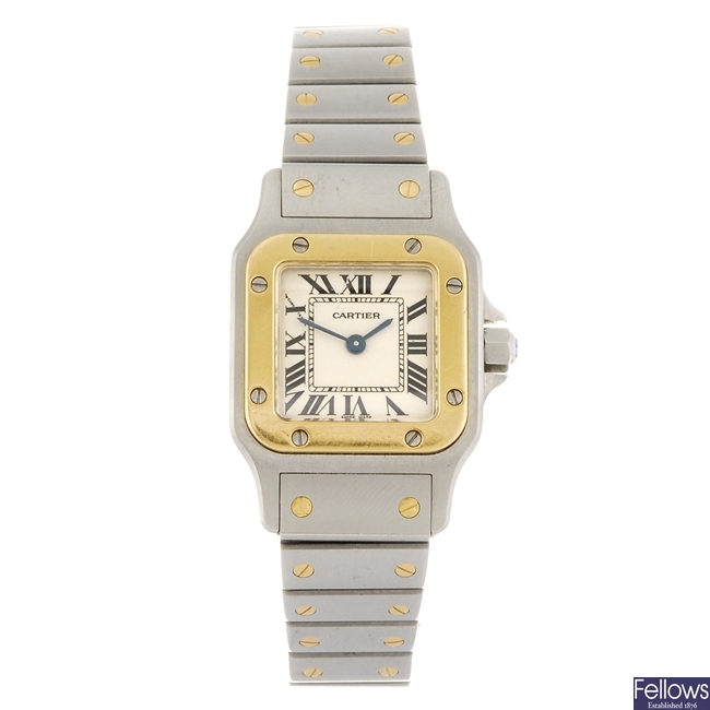 (113224616) A bi-metal quartz lady's Cartier Santos bracelet watch.