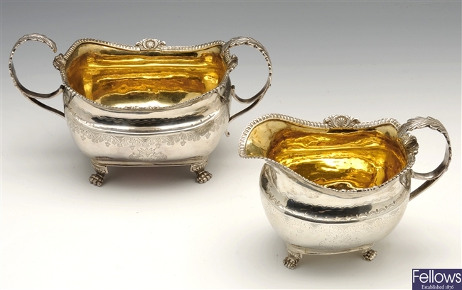 A George III Irish silver cream jug & sugar bowl.