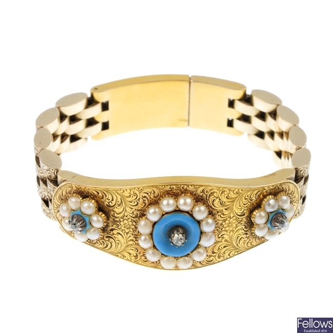 A late 19th century 18ct gold diamond, enamel and split pearl bracelet.