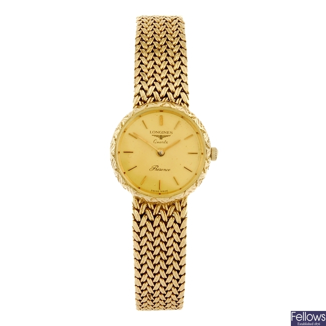 LOT:66 | A 9k gold quartz lady's Longines Presence bracelet watch.